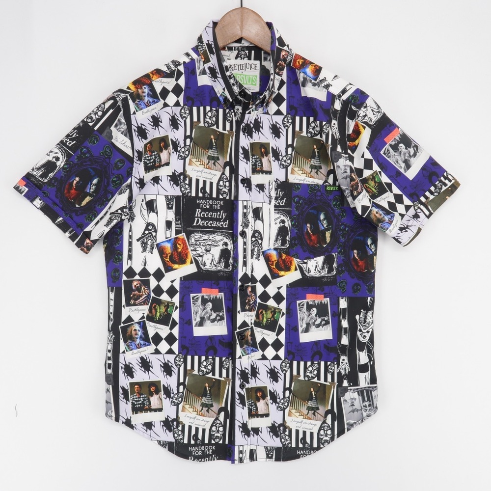 RSVLTS Beetlejuice Shirt Mens S Purple Short Sleeve Button Up Kunuflex Stretch